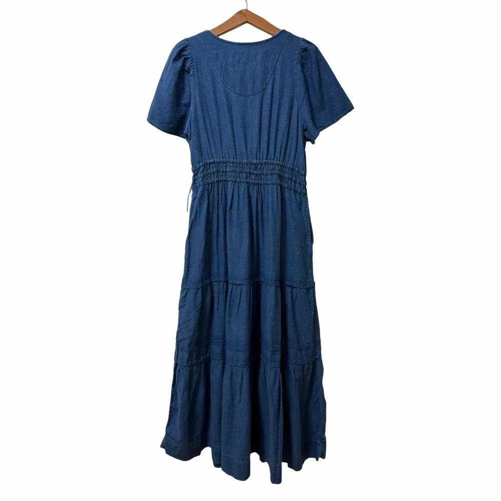 Anthropologie Maeve Somerset Chambray Tiered Maxi Dress Size L Blue Pockets NEW - Picture 2 of 9
